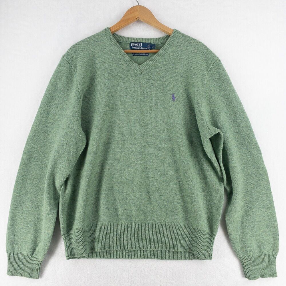 Polo By Ralph Lauren Sweater Mens XL Green 100% Lambs Wool V Neck Pony Logo